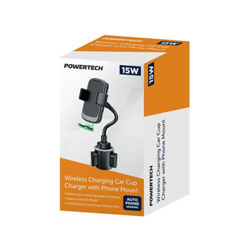Powertech kabelloser Lade-Autobecherhalter mit Handyhalterung