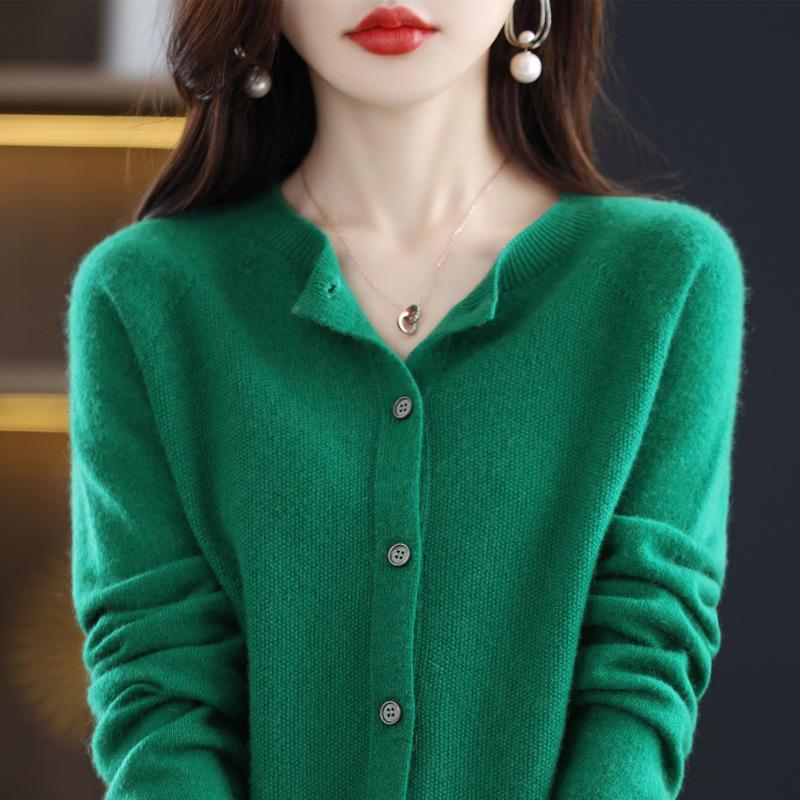 

Женский кардиган из шерсти первого уровня, готовый к носке, с круглым вырезом, новый простой облегающий свитер на весну и осень, вязаный свитер-жакет, топ XXL зелёный