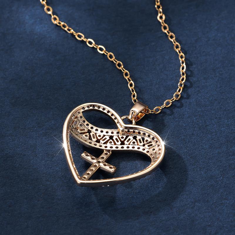 Women's Heart With Cross Necklace Love Heart White Cubic Zirconia Gold Color Clavicle Chain Gift
