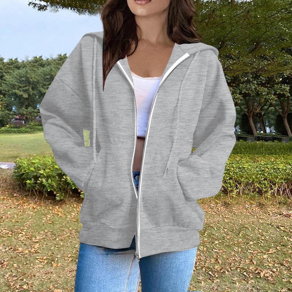 Women's Casual Fashion Solid Color Long Sleeved Zippered Hooded Sweatshirt
