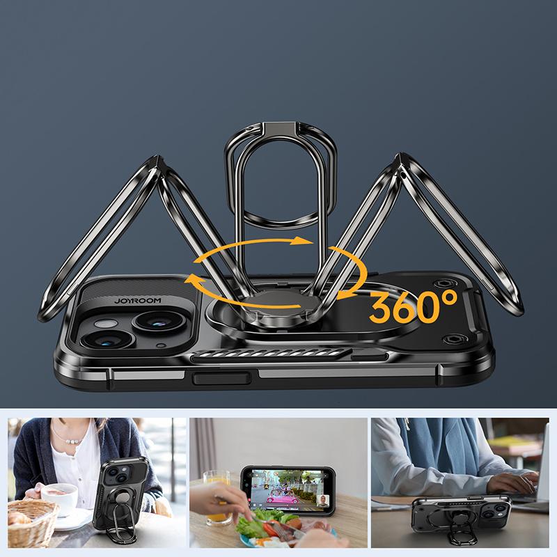 Joyroom Dual Hinge Case for iPhone 14 Plus - Rugged Black Cover with Built-in Stand and Ring Holder