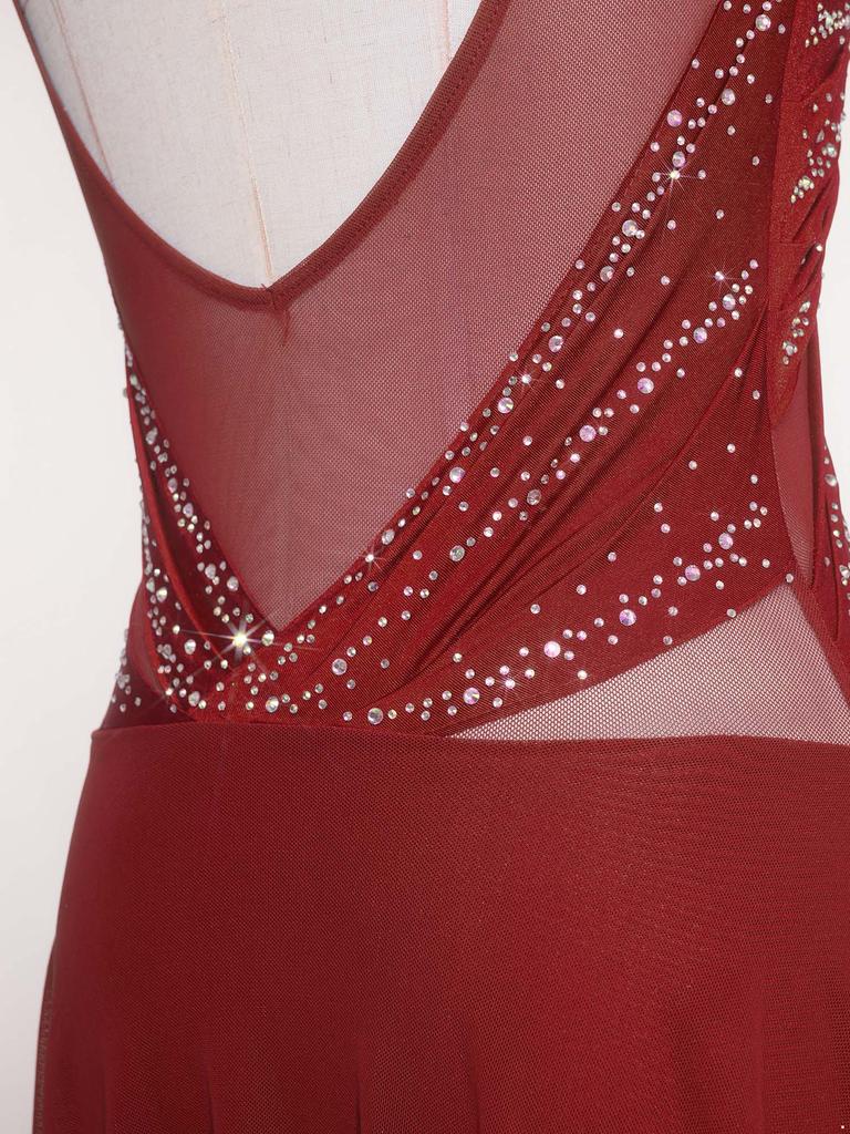 Womens Gymnastics Ballet Lyrical Dance Leotard Dress Rhinestone Embellished Mesh Skirt Dress Modern Contemporary Dance Costume