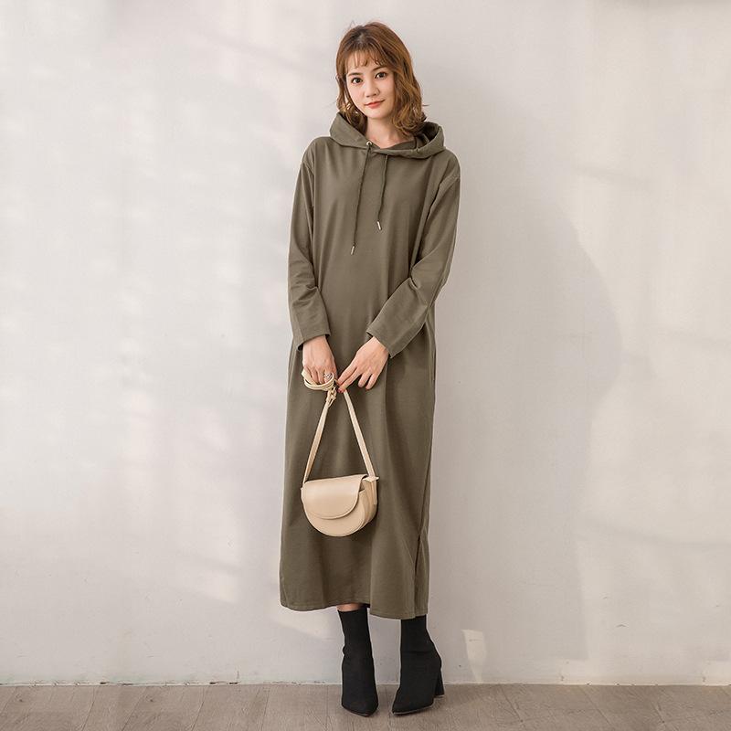 Autumn Winter Oversize Hoodies Women Elegant Lady Long Sweatshirts Dress Solid Loose Korea Casual Vintage Dress Women