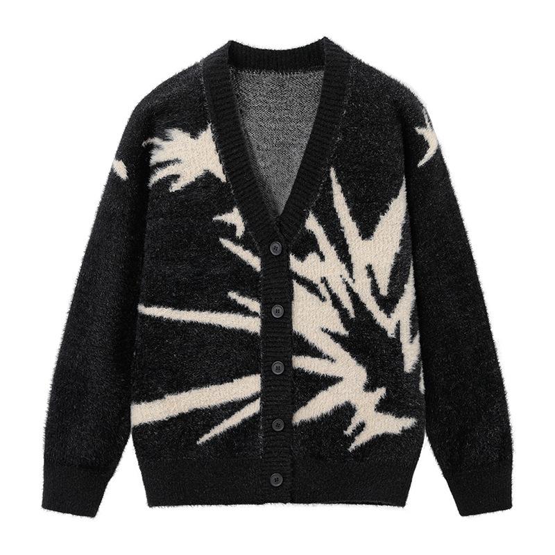 Men s Retro Color Block Thick Knit Cardigan Sweater for Autumn/Winter 3XL