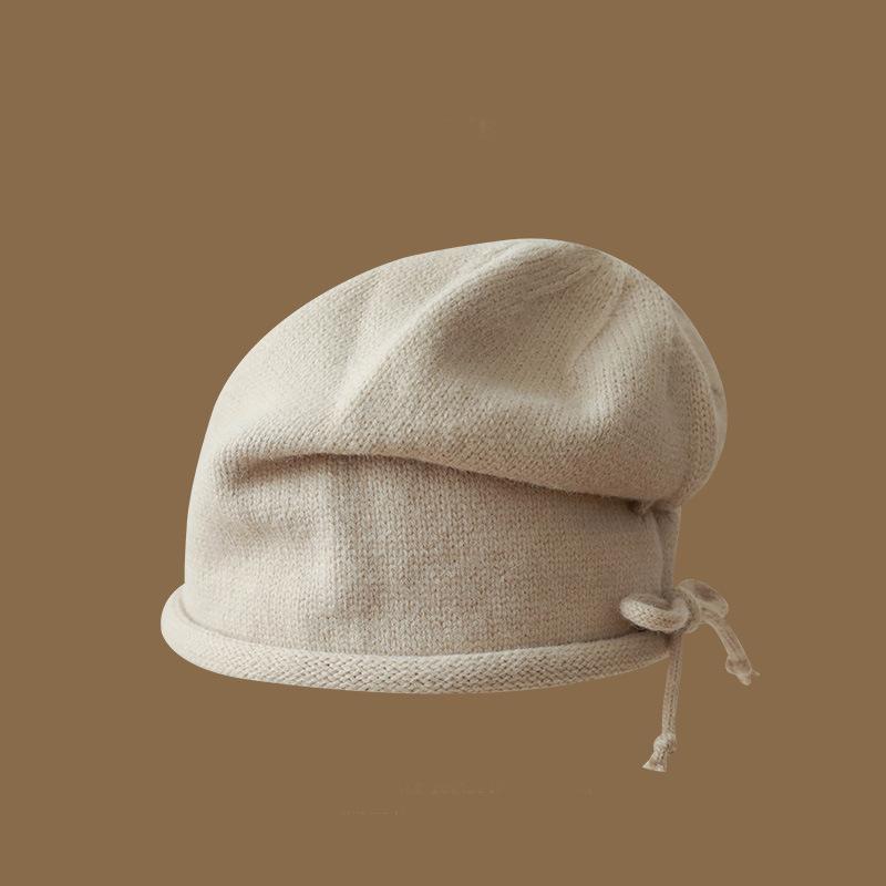 Pullover hat Girls drawstring curling lazy wind stacking hat Baotou hat solid color knitted hat
