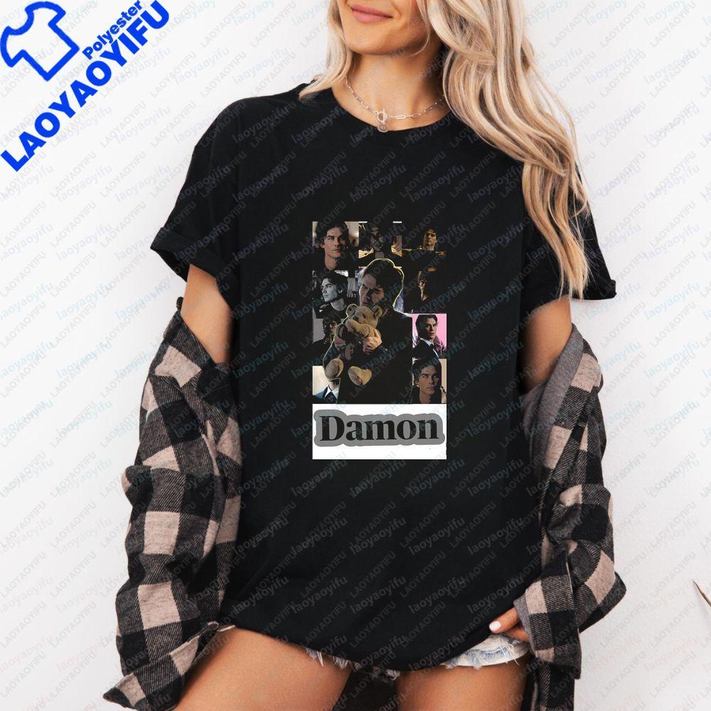Damon Salvatore Retro Replica Style Unisex Streetwear ShortSleeved TShirt for Both Unisex and WoUnisex with Round Neck