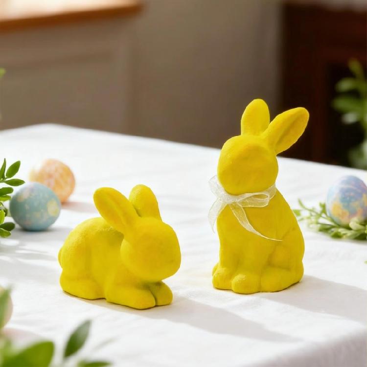 2Pcs/set Lovely Flocking Easter Rabbit Statues Small Resin Desktop Ornament Ideal For Party Table Centerpieces