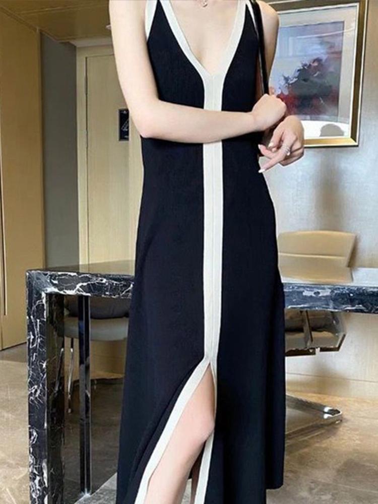 Contrast Spliced Halter Maxi Dress For Women V Neck Backless Front Split Ladies Holiday Robe