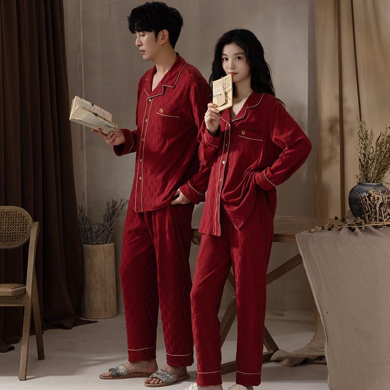 Couple's Pajamas Set: Women's Spring/Autumn Long Sleeve, Men's Red Pure Cotton Loungewear for Weddings or Birthdays