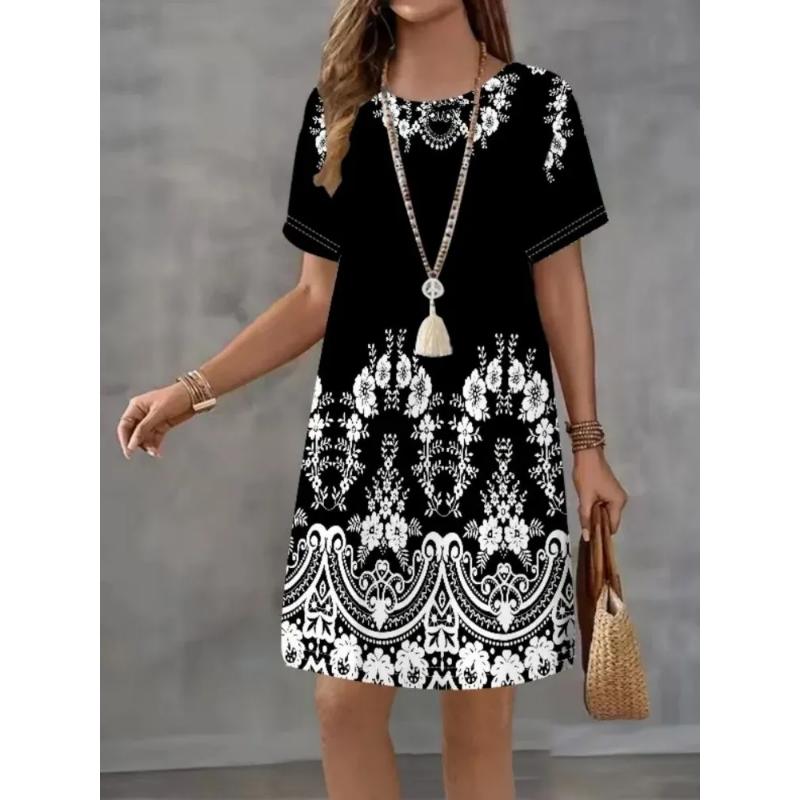 Fashion Women's Crew Neck Dress 3D Casual Color Printing Casual Dress Crew Neck Dress