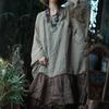 Women Vintage Dresses Patchwork Color O-Neck Long Sleeve Autumn Loose Chinese Style Button Dress
