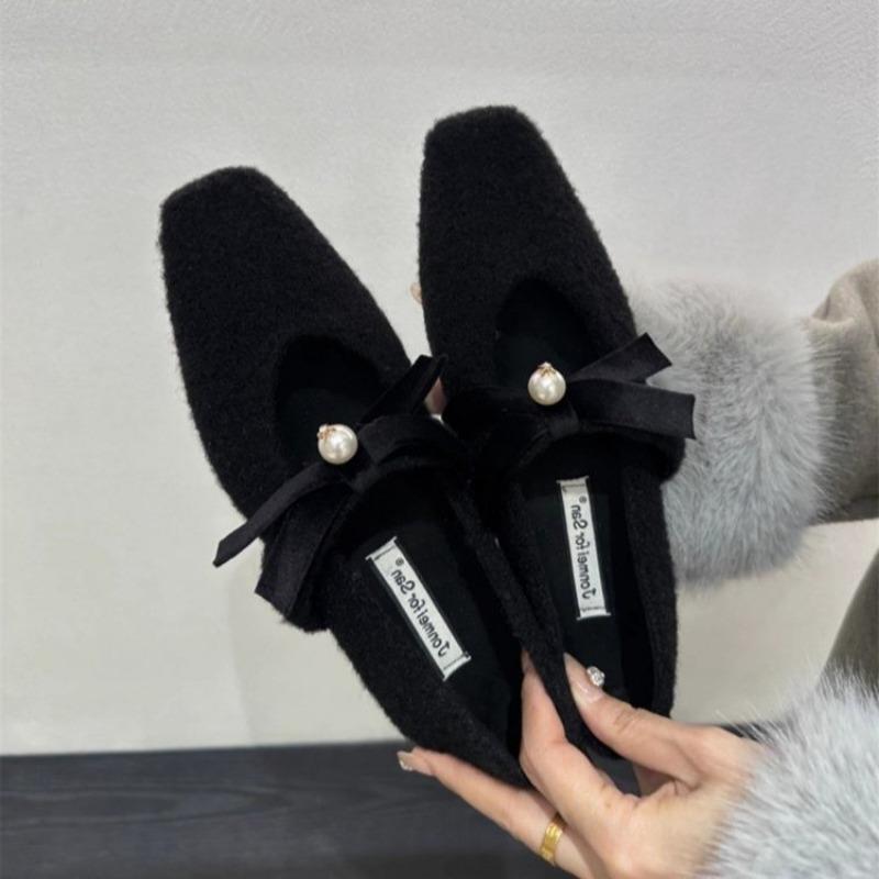 Winter Square with Cotton Shoes Women's Square Head Shallow Mouth Butterfly Knot Soft Sole Non-slip Low Top Shoes