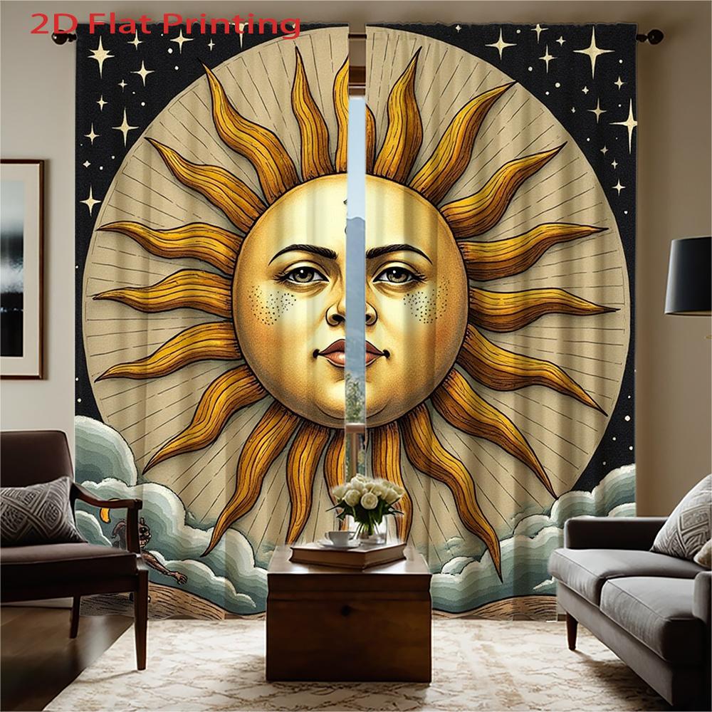 Mythical Sun Curtains 2pcs – Golden Sun Face with Stars & Clouds, Astrology Inspired Decor for Bedroom and Living Room