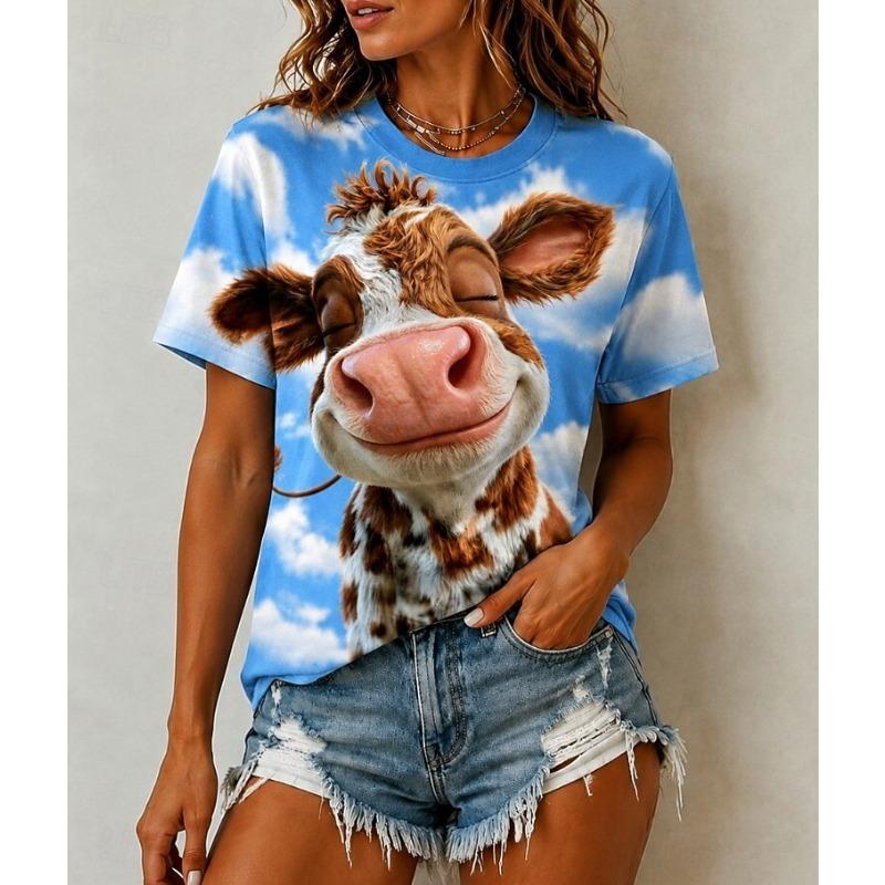 Women's T Shirt Print Graphic Animal Vintage Stylish Classic Short Sleeve Crew Neck Regular Tops Daily Weekend Black White Gold Summer Spring Fall