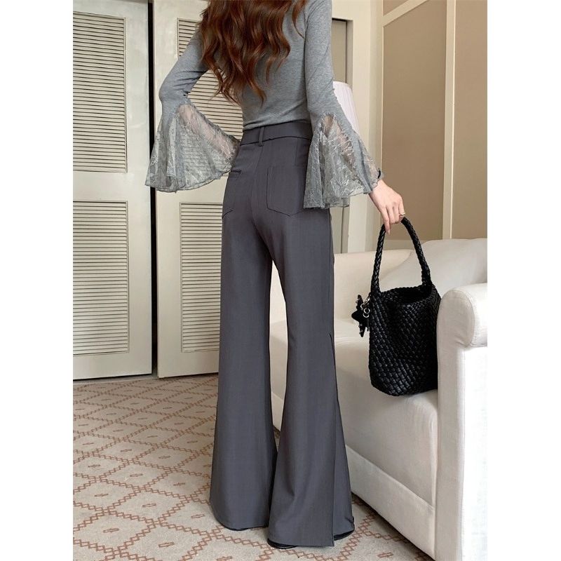Kumikumi Advanced Simple Solid Suit Casual Pants Women Autumn Loose All-Match High Waist Drape Bootcut Trousers