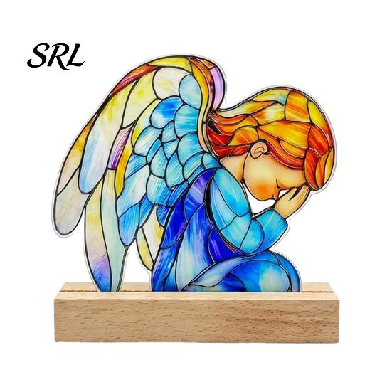 Scratch-resistant Acrylic Decor Desktop Decoration Ornaments with Solid Wood Base, Stained Exquisite Tabletop Glass Style Double Sided Suncatcher, K