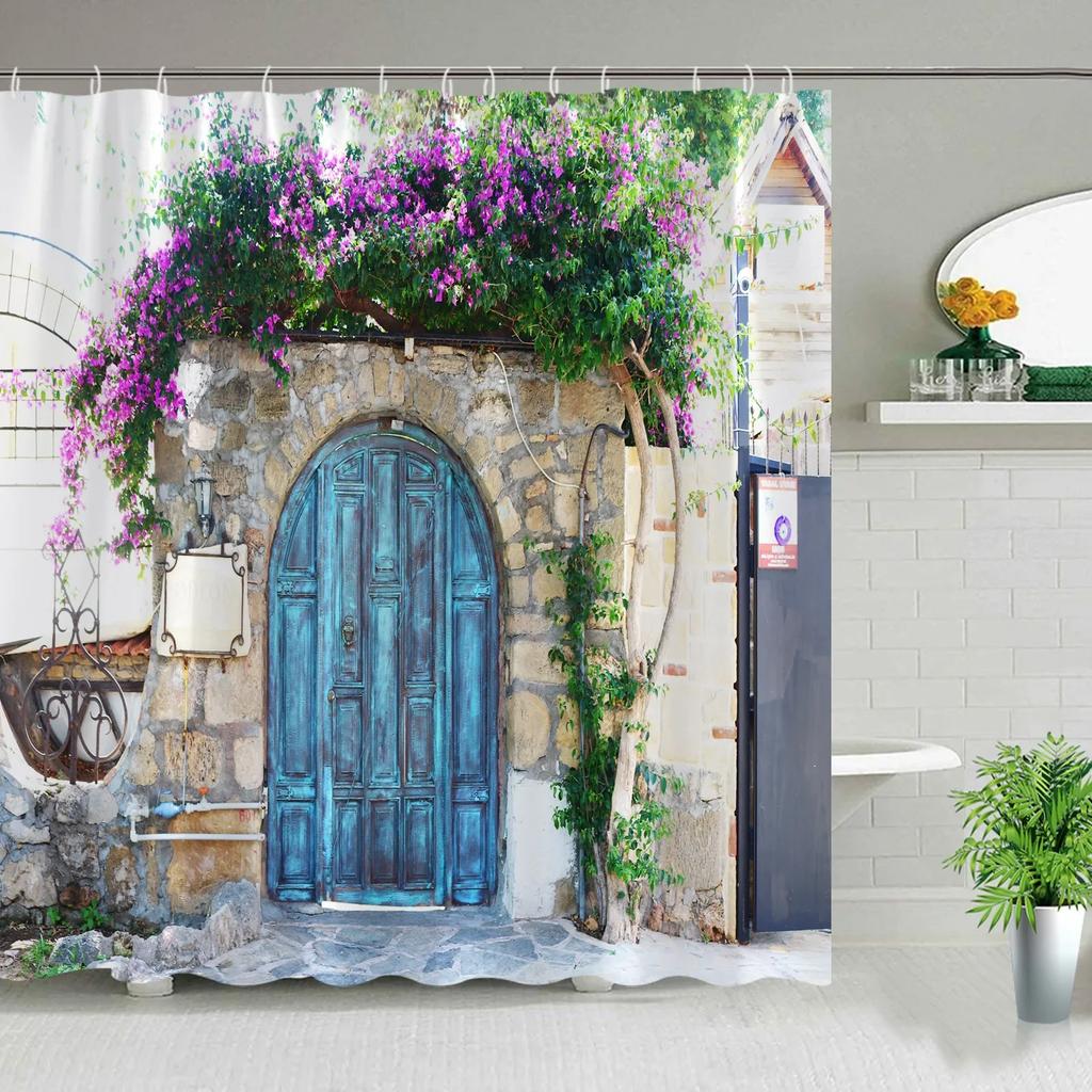 Tenda da Doccia da Giardino Esterna Muro a Fiori Arco Architettura Piante Fiori Paesaggio Poliestere Tende Sospese Decorazioni Bagno