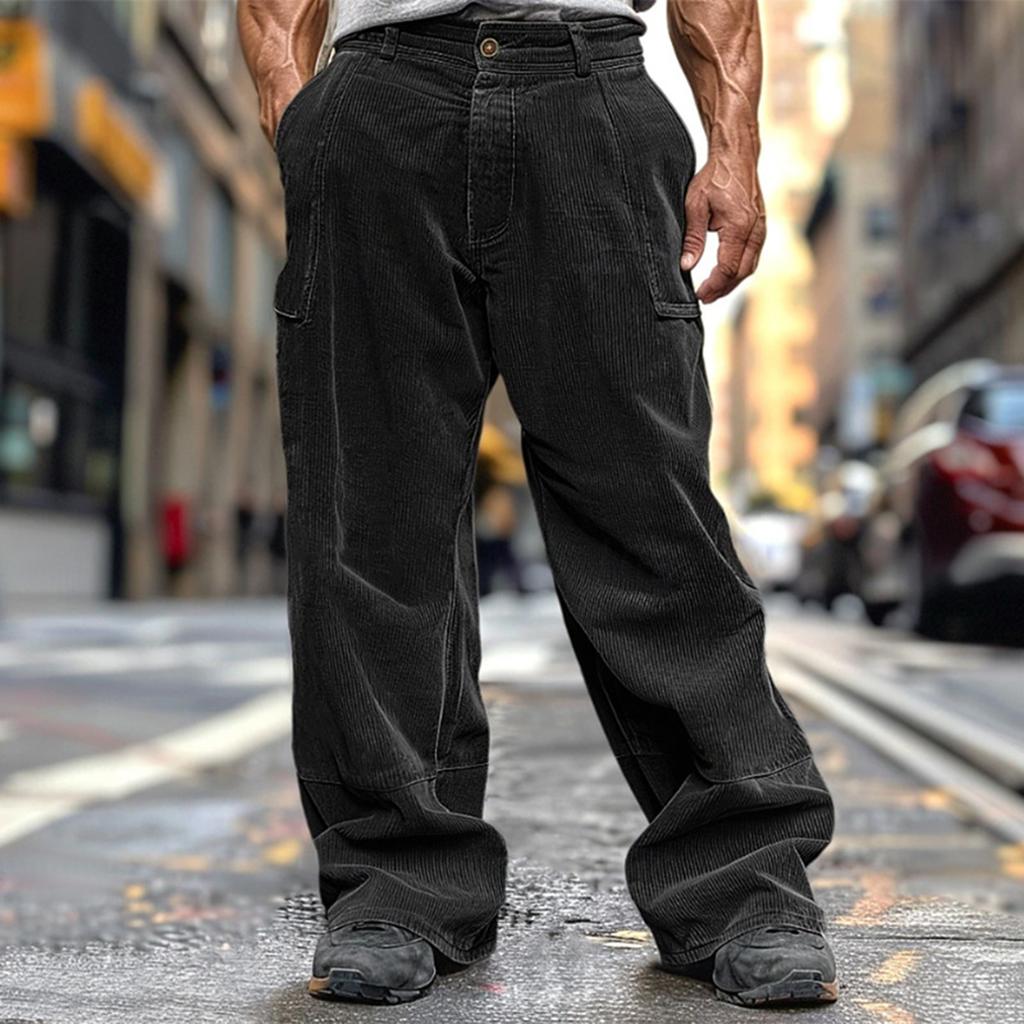 Men's Loose Casual Solid Color Corduroy Trousers Pocket Elastic Waist Straight Trousers
