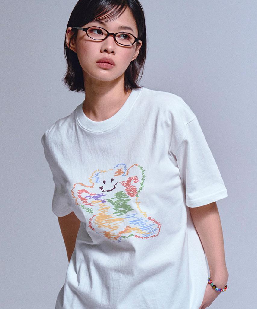GRAVER [Unisex] Rainbow Big Cloud Bear Smile Short Sleeve T-Shirt_Black