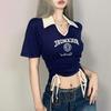 Summer Women Sexy Short Sleeve T-shirt Street Korean Clothing New Short Tees Drawstring Slim Contrast Letter Graphic Crop Tops