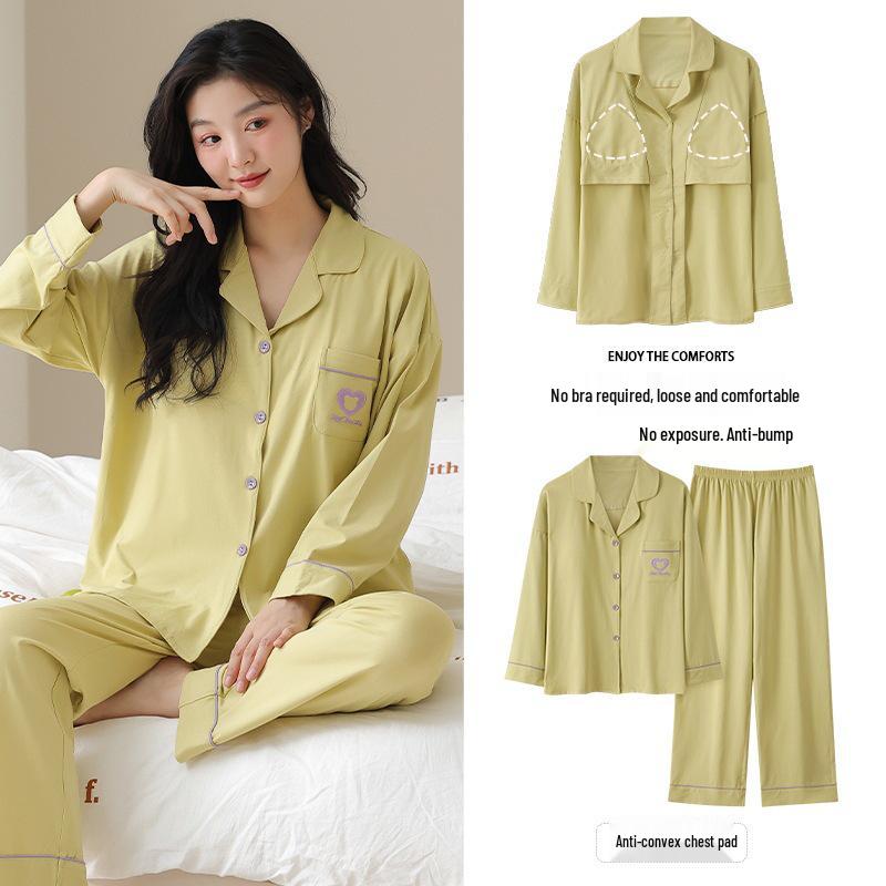 2025 Damen Cartoon Baumwolle Langarm Pyjama Set mit Brustpolster für Drinnen und Draußen - Herbst- und Winterkollektion