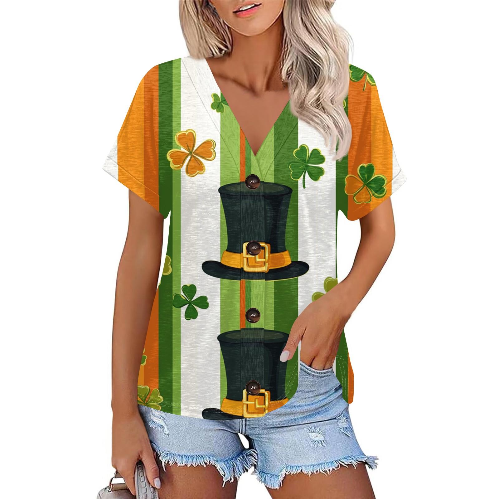 

Женская мода с коротким рукавом и V-образным вырезом St. Футболка с принтом Patrick Top Casual на пуговицах M жёлтый