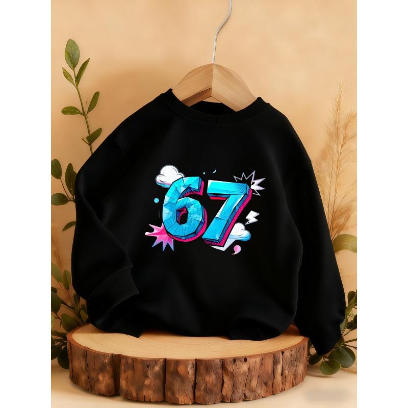 Kids Sweatshirt Over 4Y Unisex Boys Girls 3D Blue Geometric Number 67 Cloud Lightning Graphic Gray Crewneck Soft Fleece Pullover For 4-12 Children