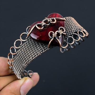 Red Flash Labradorite Pure Copper Wire Wrapped Handmade Jewelry Bangle Bracelet Adjustable For Woman