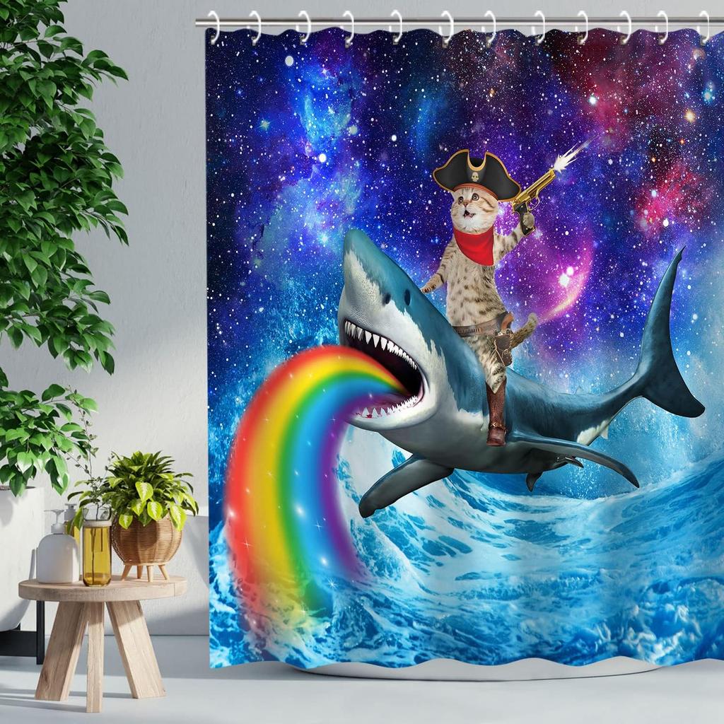 Funny Cat Whale Shark Shower Curtain, Waterproof Bath Curtain Set with 12 Hooks, Cool Print for Bathroom Decor