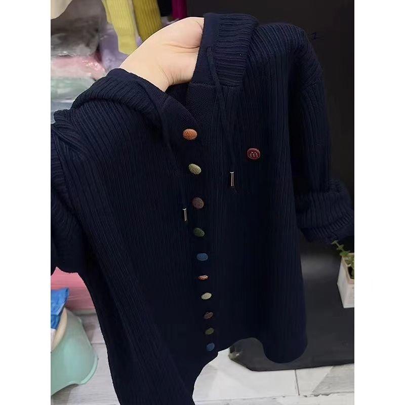 Modischer Uni-Farben Knopf-Strickpullover Locker geschnitten Mit Kapuze Kleidung XXL schwarz