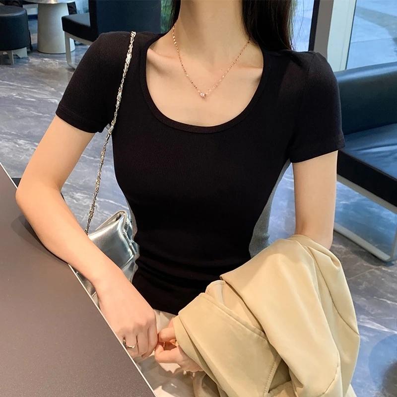 Summer Cotton Color Block T Shirts Women‘s Simple O-neck Short-sleeve T-shirt Casual Slim Elastic Skinny Y2k Tops Women Clothes