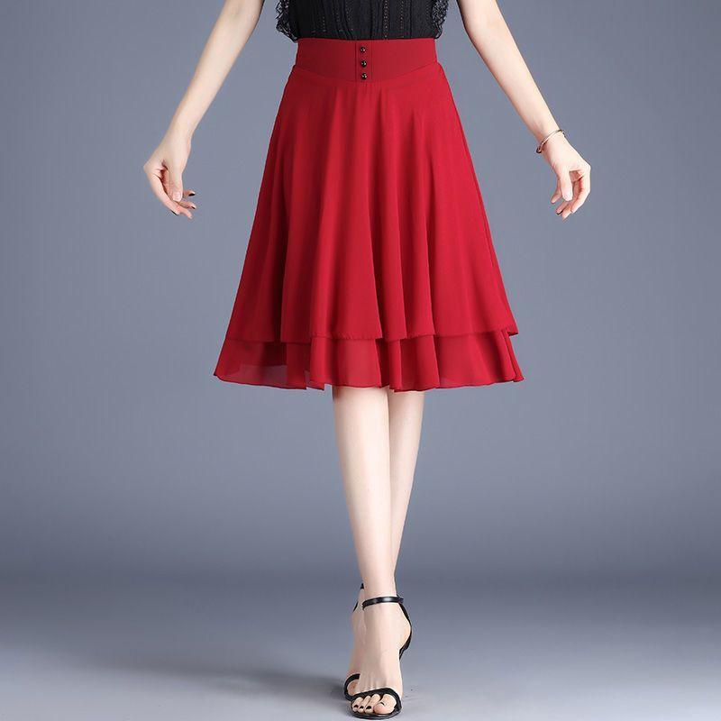 Gonna midi a trapezio nera in chiffon estiva da donna a vita alta