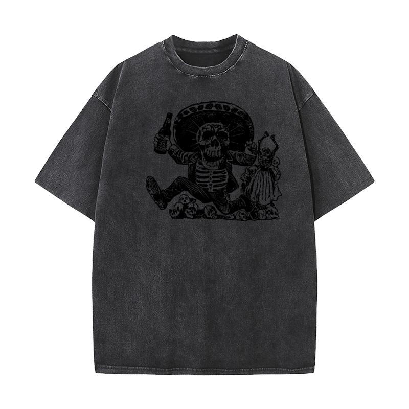 Family Youth Washed T Shirt Funny Skeleton Outdoor Tees Pure Cotton Short Sleeve Printed Washed Tee Shirt O Neck