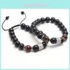 Tiger Eye Stone Black Onyx Stainless Steel Men Women Adjustable Cord Bracelet With Geometric Design For Travel Gift
