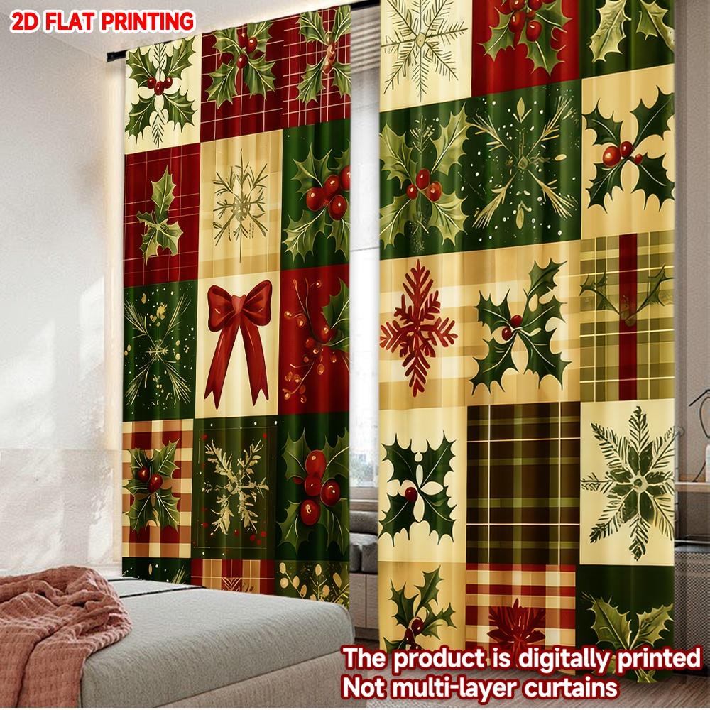 

Flat Printing Popular Christmas Curtains Holly Snowflakes Digital Printed Polyester Drapes Festive Wall Curtain Set Of 2 Made Washable W100*H70(CM)-Rod Pocket&2PCS