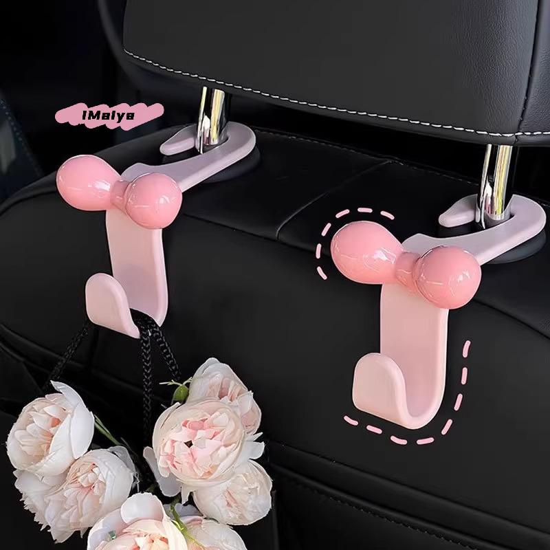 M-1Pc Pink Bow Car Seat Back Hooks, Cute Girly Car Interior Organizer, Seamless Hangers For Bags, Purses & Groceries