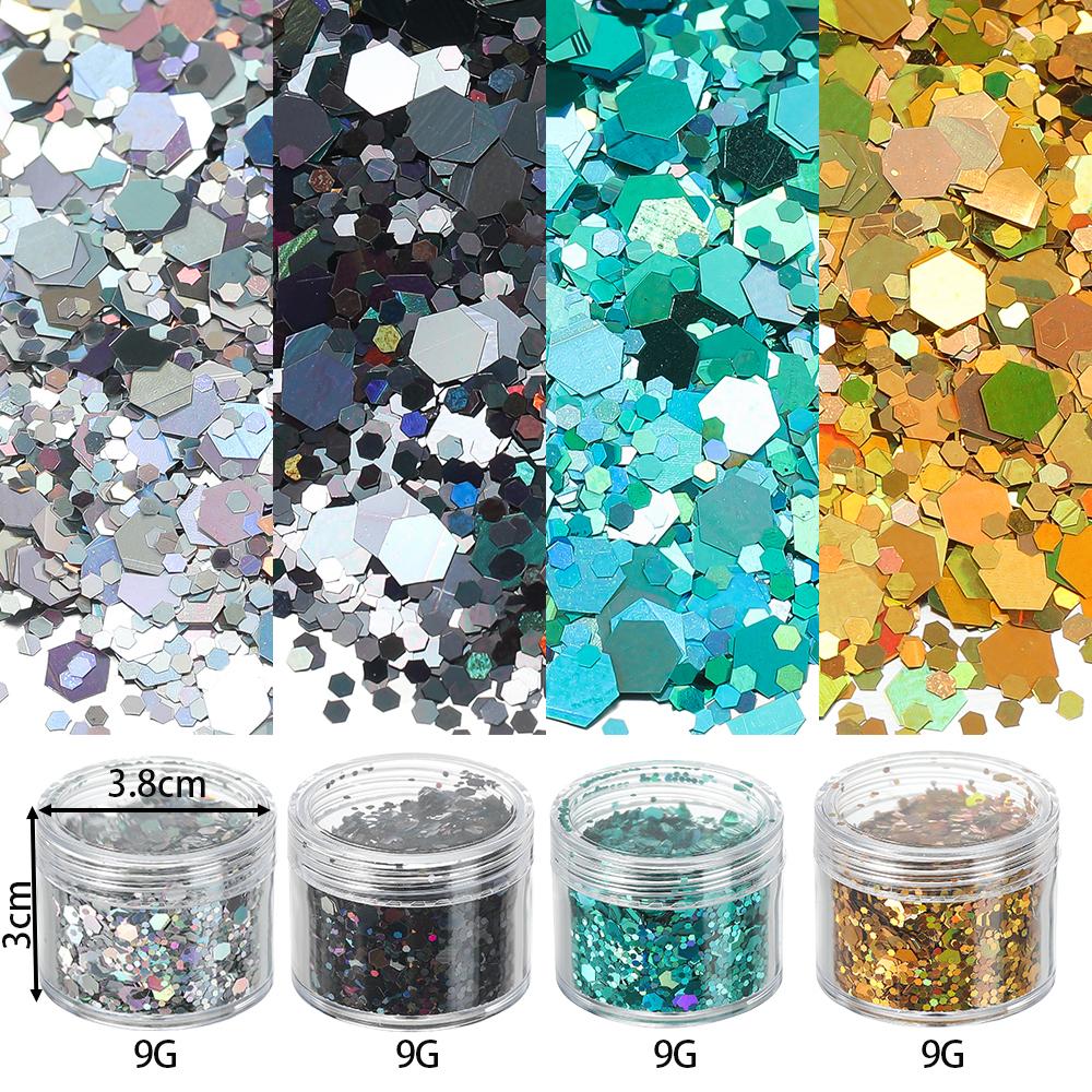 4 Flessen/Set Holografische Zeshoekige Grove Glitter Epoxy Hars Vulvlokken Laser Pailletten voor DIY Epoxy Hars Nagelkunst Vullingen