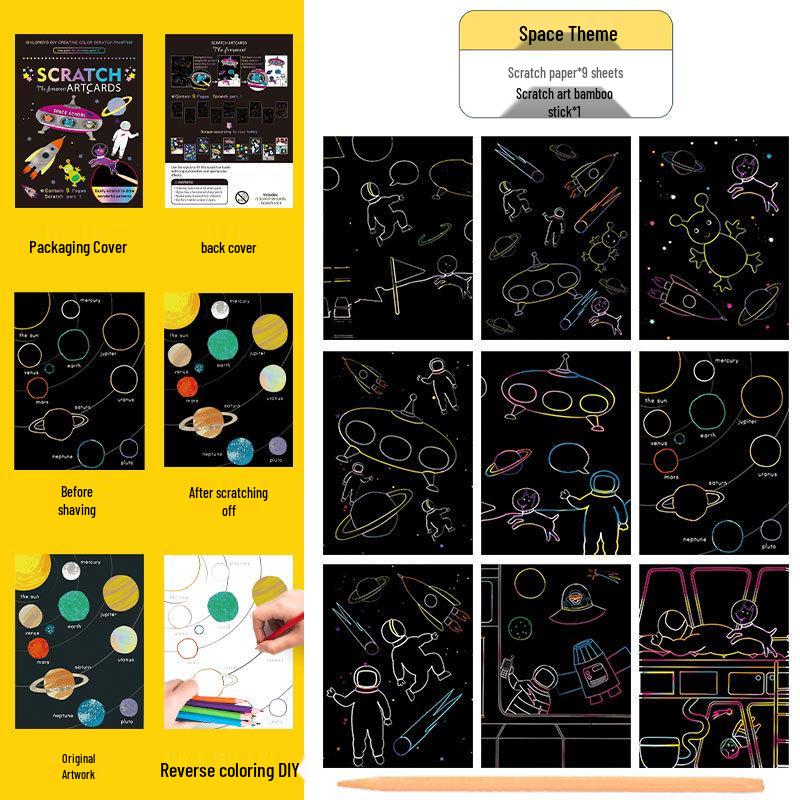 Conjunto Colorido de Arte Scratch: Livro de Rabiscos e Desenhos DIY de Desenho Animado para Crianças
