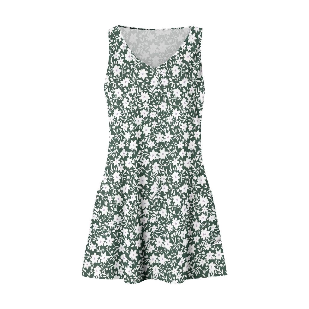Lässiges Damenkleid mit V-Ausschnitt, ärmellos, Blumendruck und Seitentaschen
