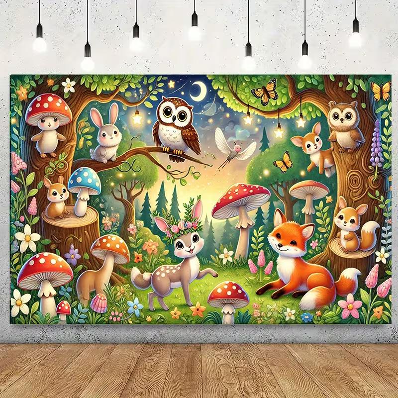 2D Magischer Wald Hintergrund, Niedliche Tiere & Leuchtende Nachtszene Kulisse