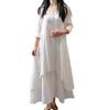 Buttons Decor False Two Pieces Baggy Dress Large Hem V-Neck Solid Color Long Sleeve Retro Dress Streetwear