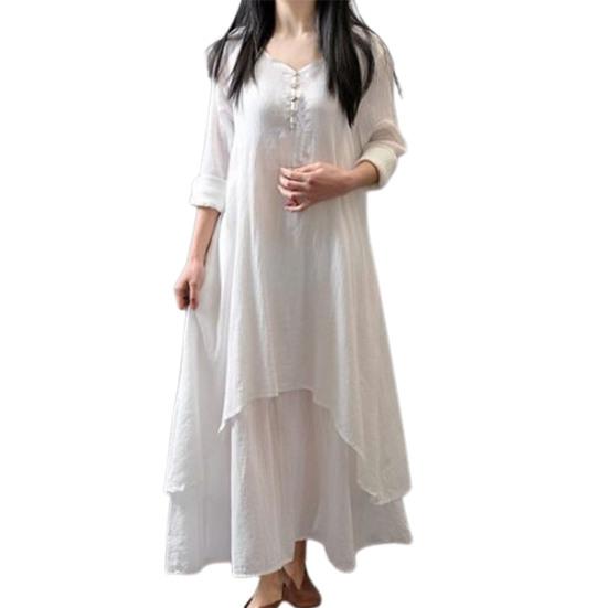 Buttons Decor False Two Pieces Baggy Dress Large Hem V-Neck Solid Color Long Sleeve Retro Dress Streetwear