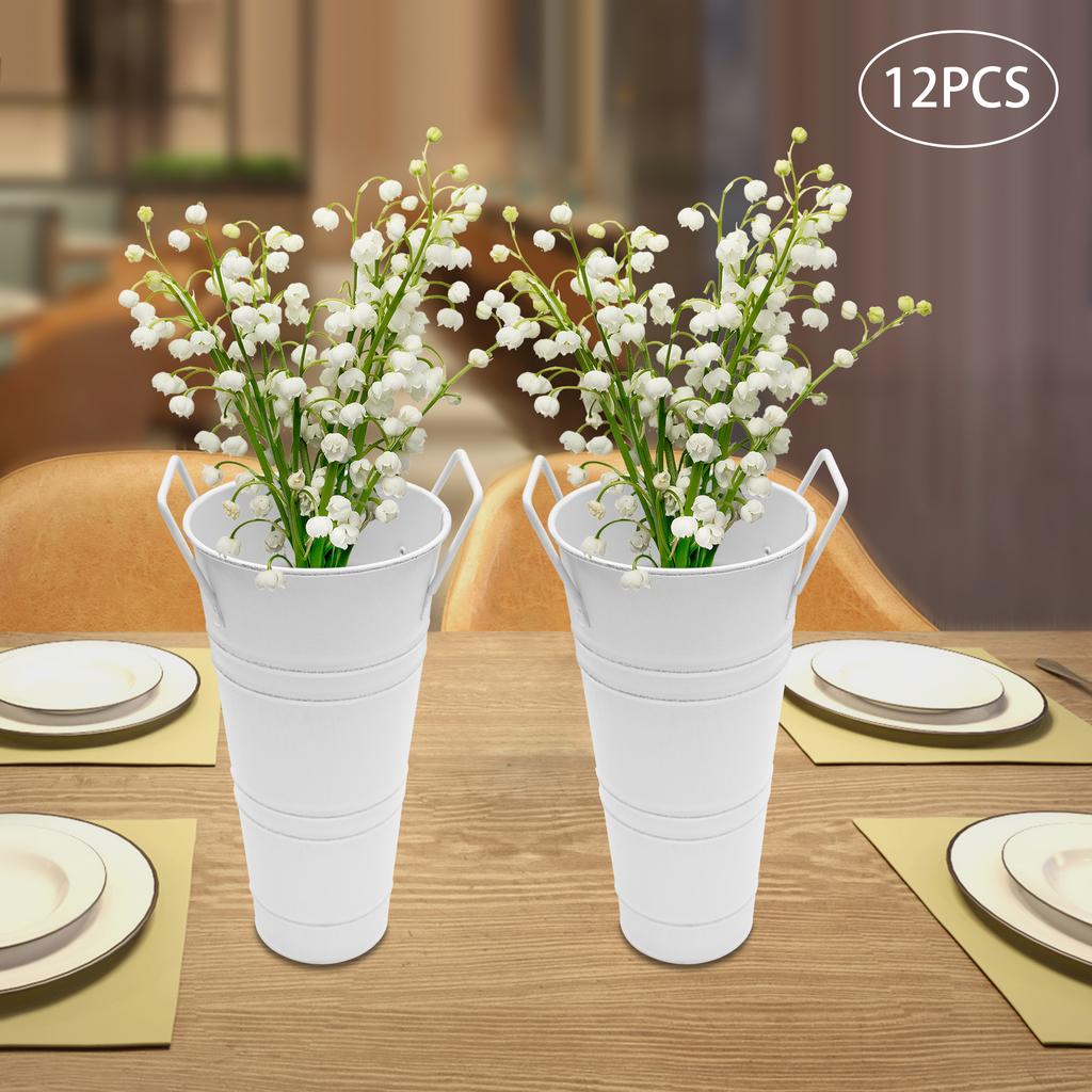 12Pcs White Metal Flower Buckets, Cylindric Vases, Modern Wedding Floral Arrangement Containers, 9In Tall Flower Display Holders