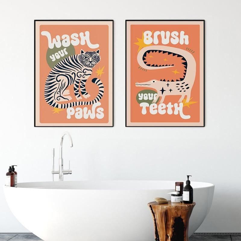 Tiger Wash Your Paws Crocodile Brush Your Teeth Bathroom Poster Fun Toilet Quote Canvas Printing Wall Art Funky Room Home Decor