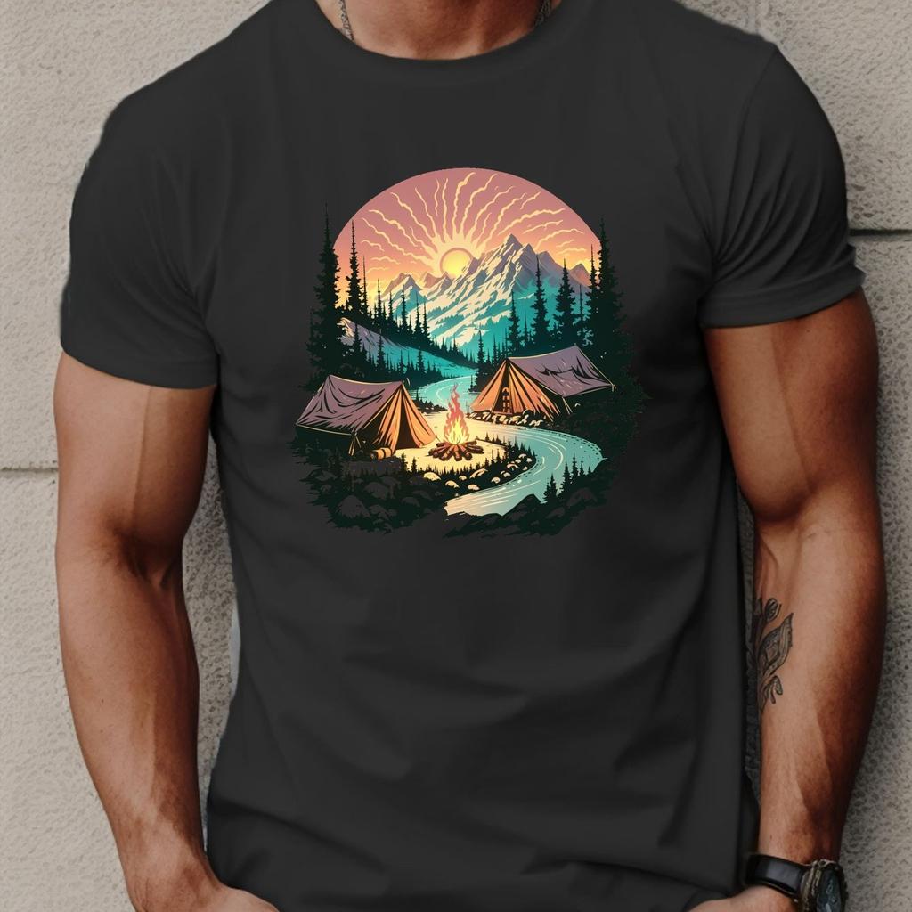 Mountain Camping River Sunset Graphic Tee Men Casual Breathable Short Sleeve TShirt