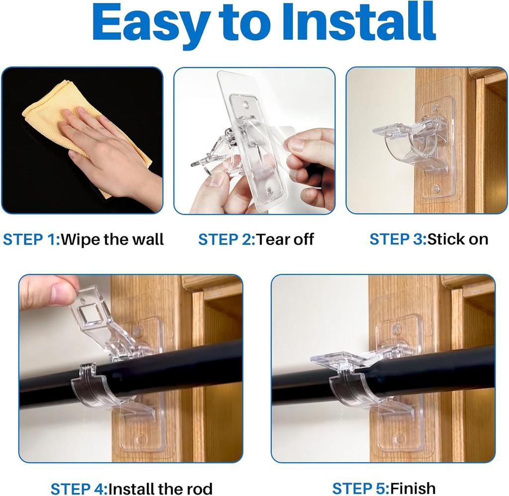 6-pack Gardinstångshållare utan borrning, Självhäftande stångfästen, Multifunktionella spikfria självhäftande gardinstångskrokar