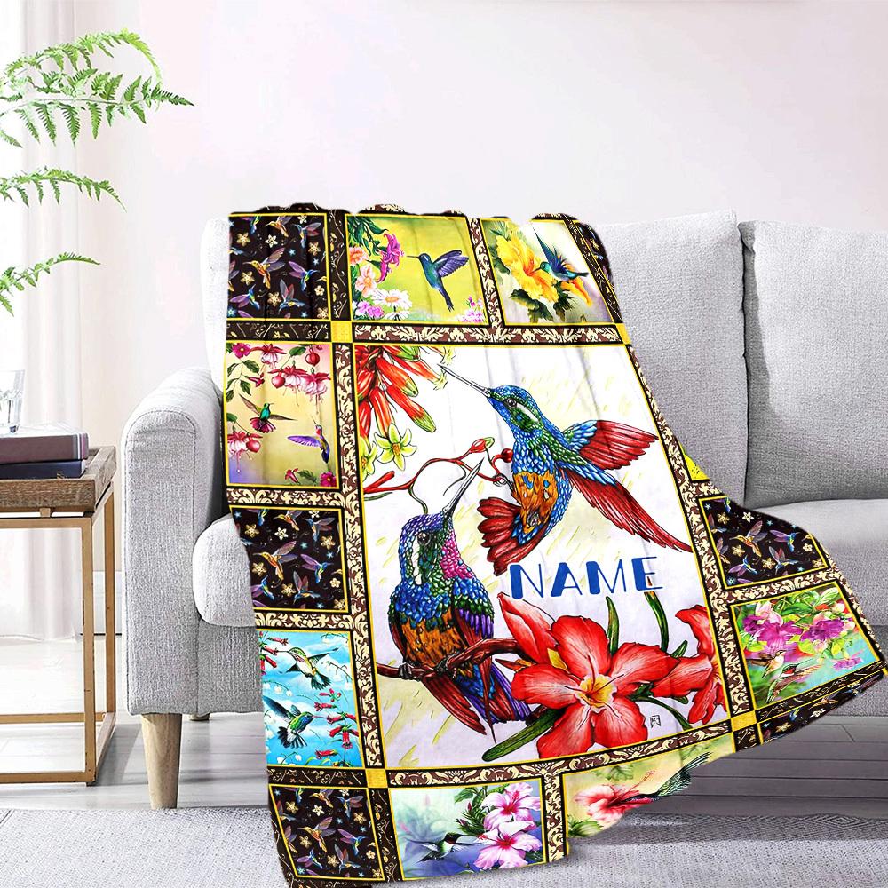 Colorful Hummingbirds And Flowers A Vibrant Nature Collage Lightweight Customizable Blanket Customize Your Name Soft Cozy Perfect For Sofa Couch