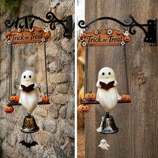 Retro Pumpkin Bat Bell Ghost Wind Chime Wall Hanging, Halloween Porch Yard Decor with Resin Metal Bell, Aged Relief Ornament Vintage Farmhouse