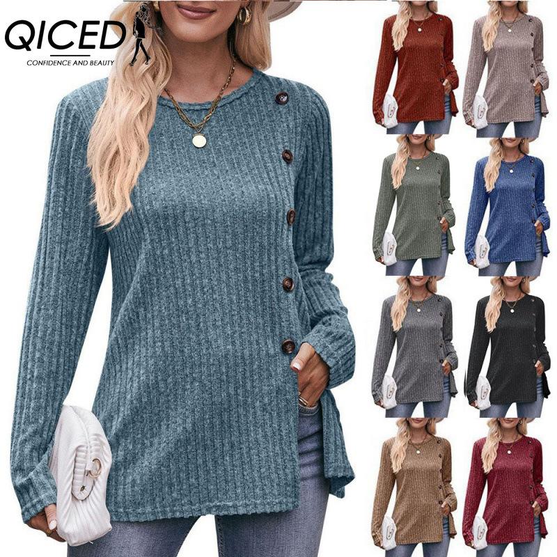 QICED Women's Autumn Button Fashion Solid Color Long-sleeved T-shirt