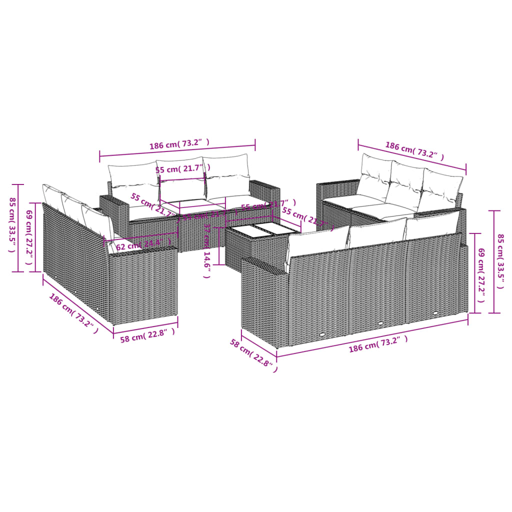Vidaxl 13-Cz. Garden Furniture Set With Cushions, Grey, Poly Rattan